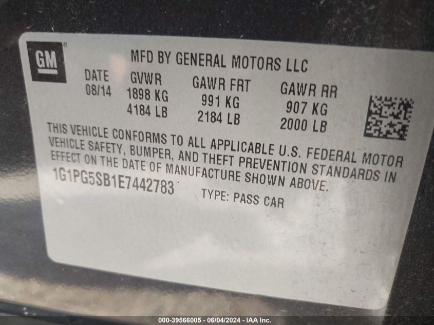 2014 Chevrolet Cruze Ltz VIN: 1G1PG5SB1E7442783 Lot: 39566005