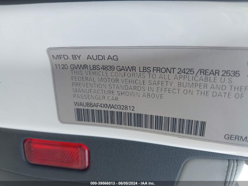 2021 Audi A4 Premium Plus 40 Tfsi Quattro S Tronic VIN: WAUBBAF4XMA032812 Lot: 39566013