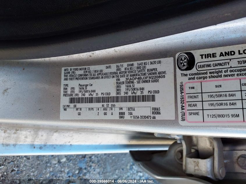 2015 Ford Fiesta Se VIN: 3FADP4BJ3FM220805 Lot: 39566014