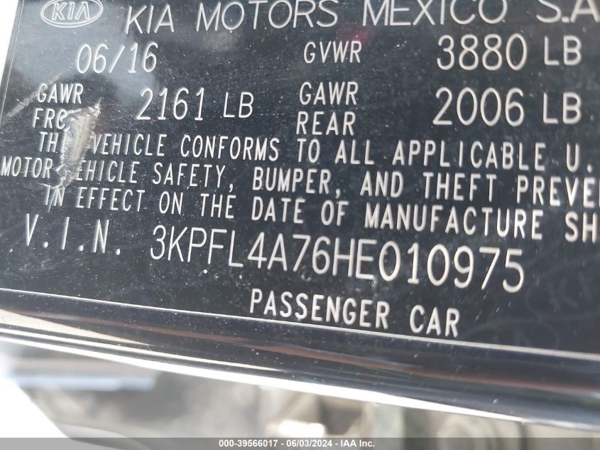 2017 Kia Forte Lx VIN: 3KPFL4A76HE010975 Lot: 39566017