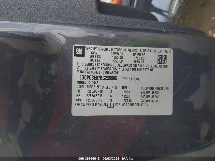 2011 Chevrolet Silverado 1500 Lt VIN: 3GCPCSE07BG259996 Lot: 39566018