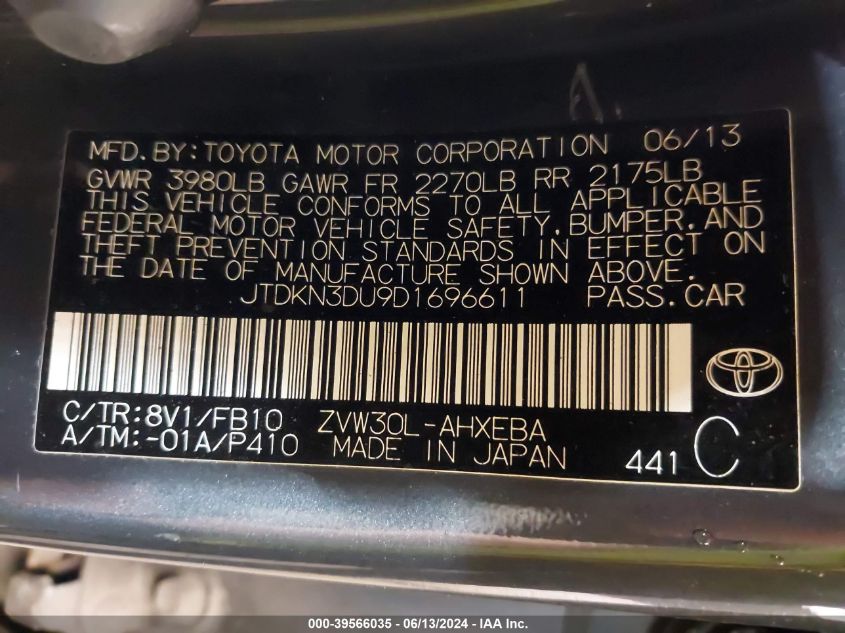 2013 Toyota Prius Two VIN: JTDKN3DU9D1696611 Lot: 39566035