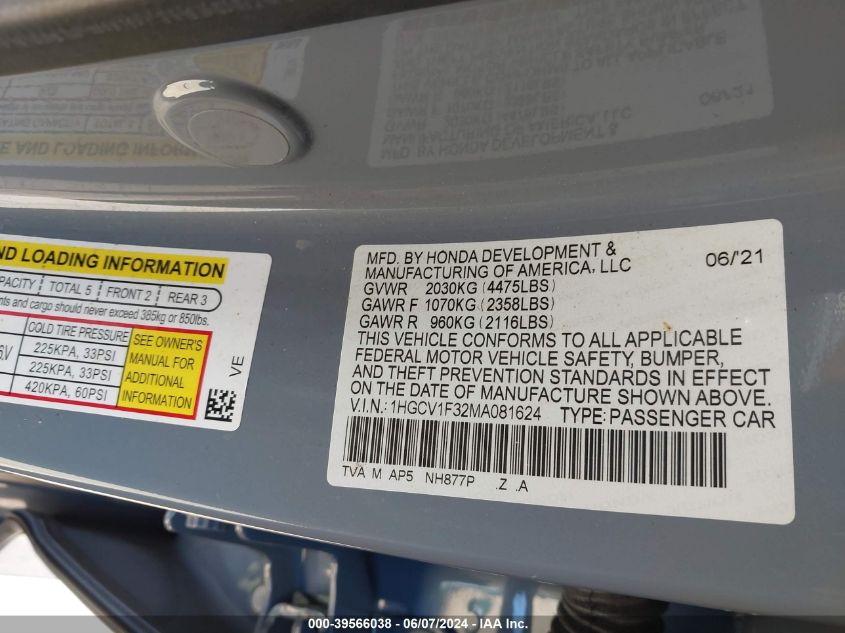 2021 Honda Accord Sport VIN: 1HGCV1F32MA081624 Lot: 39566038