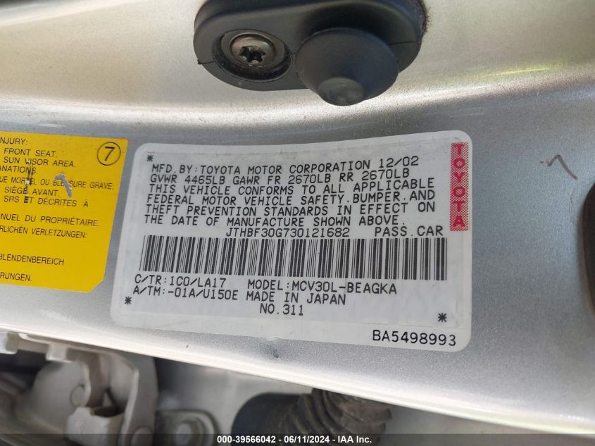 2003 Lexus Es 300 VIN: JTHBF30G730121682 Lot: 39566042