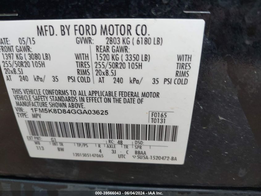 2016 Ford Explorer Xlt VIN: 1FM5K8D84GGA03625 Lot: 39566043