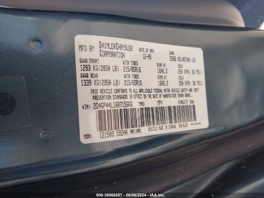 2006 Dodge Grand Caravan Sxt VIN: 2D4GP44L16R715666 Lot: 39566057