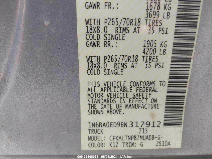 2011 Nissan Titan Sv VIN: 1N6BA0ED9BN317912 Lot: 39566058