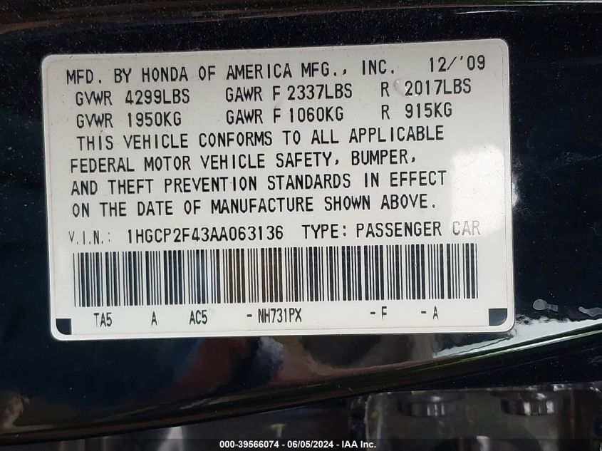 2010 Honda Accord 2.4 Lx-P VIN: 1HGCP2F43AA063136 Lot: 39566074