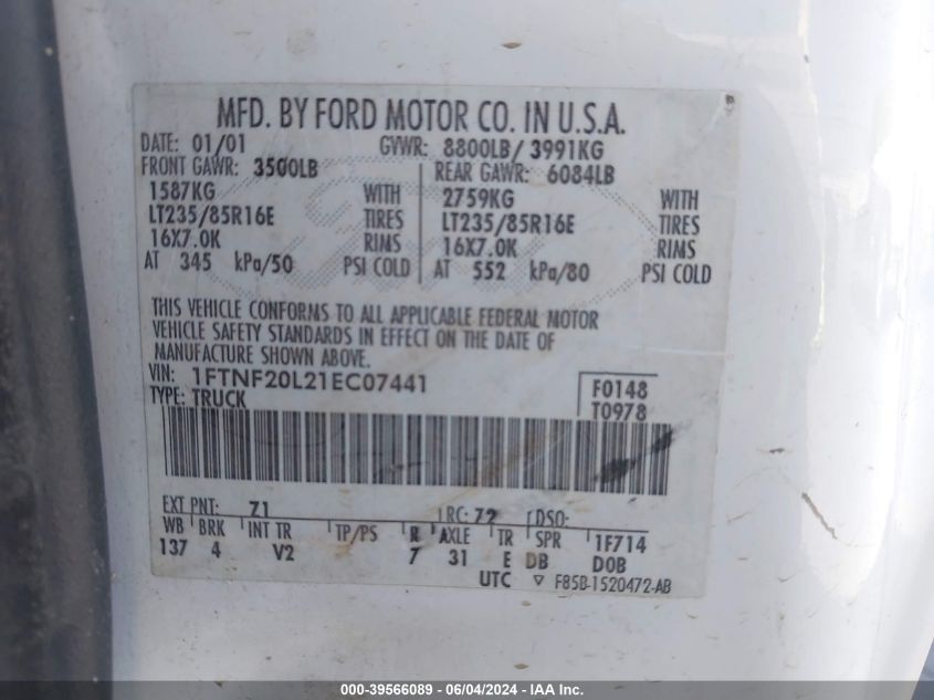 2001 Ford F-250 VIN: 1FTNF20L21EC07441 Lot: 39566089