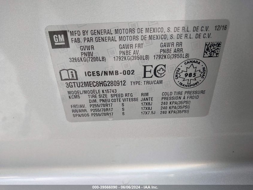 2017 GMC Sierra 1500 Sle VIN: 3GTU2MEC8HG280912 Lot: 39566090