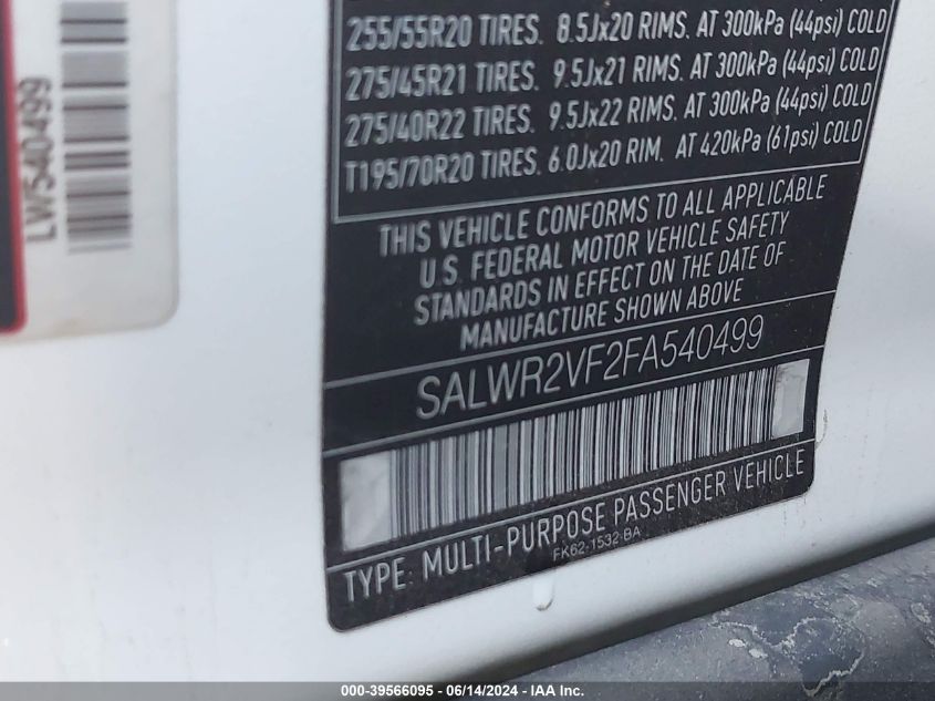 2015 Land Rover Range Rover Sport 3.0L V6 Supercharged Hse VIN: SALWR2VF2FA540499 Lot: 39566095