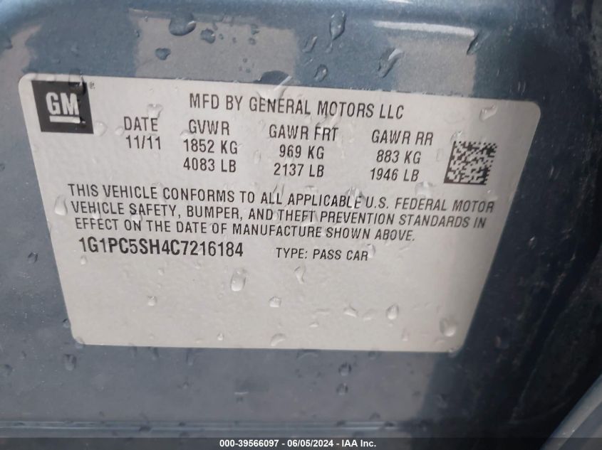 2012 Chevrolet Cruze Ls VIN: 1G1PC5SH4C7216184 Lot: 39566097