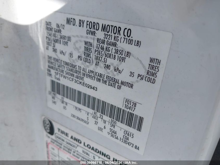 2012 Ford F-150 Xlt VIN: 1FTFW1CF3CKE02943 Lot: 39566110