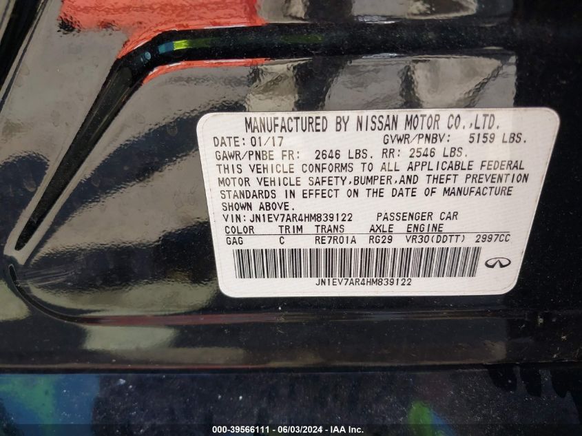 2017 Infiniti Q50 3.0T Signature Edition VIN: JN1EV7AR4HM839122 Lot: 39566111