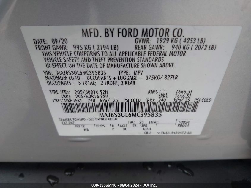 MAJ6S3GL6MC395835 2021 Ford Ecosport Se