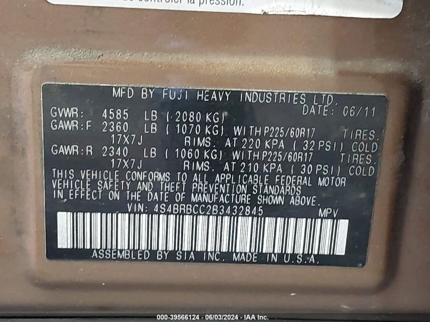 2011 Subaru Outback 2.5I Premium VIN: 4S4BRBCC2B3432845 Lot: 39566124