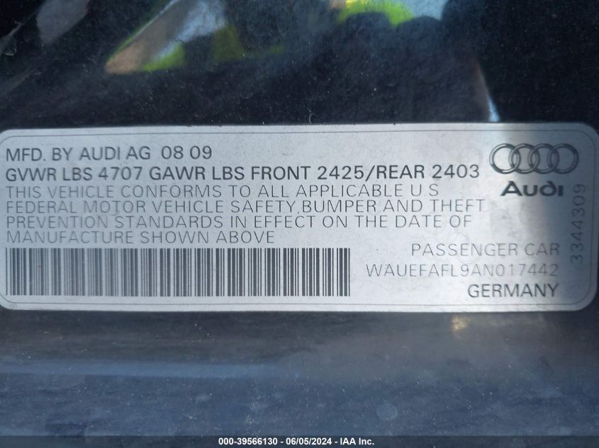 2010 Audi A4 2.0T Premium VIN: WAUEFAFL9AN017442 Lot: 39566130