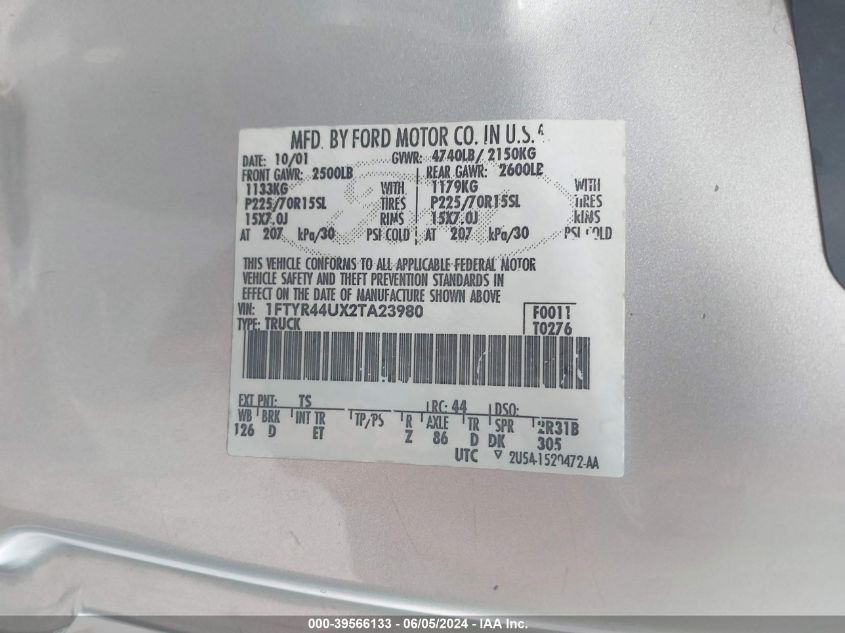 2002 Ford Ranger Edge/Tremor/Xlt VIN: 1FTYR44UX2TA23980 Lot: 39566133