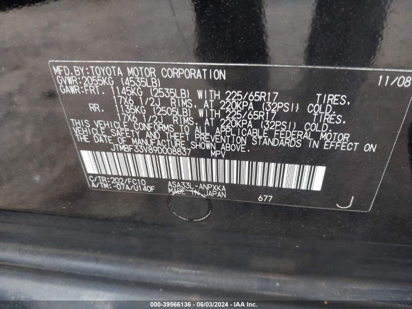 2009 Toyota Rav4 VIN: JTMBF33V89D008837 Lot: 39566136
