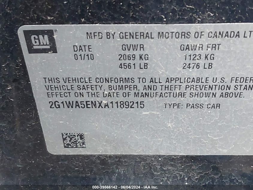 2010 Chevrolet Impala Ls VIN: 2G1WA5ENXA1189215 Lot: 39566142