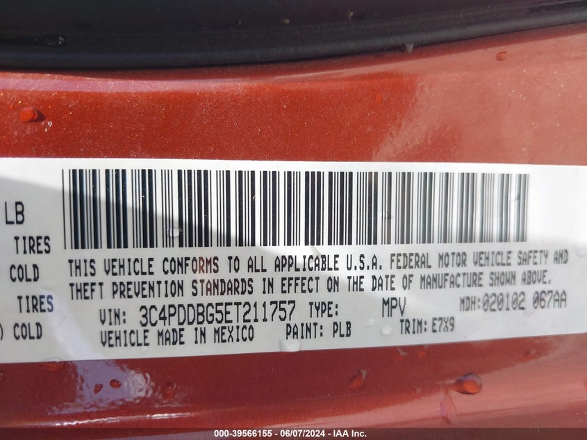 2014 Dodge Journey Sxt VIN: 3C4PDDBG5ET211757 Lot: 39566155