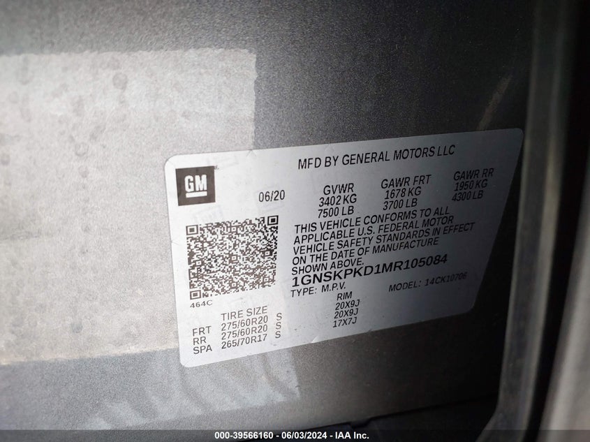 2021 Chevrolet Tahoe 4Wd Z71 VIN: 1GNSKPKD1MR105084 Lot: 39566160