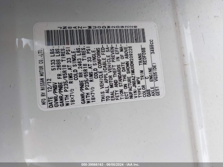 2013 Nissan Murano Sv VIN: JN8AZ1MU0DW209226 Lot: 39566163