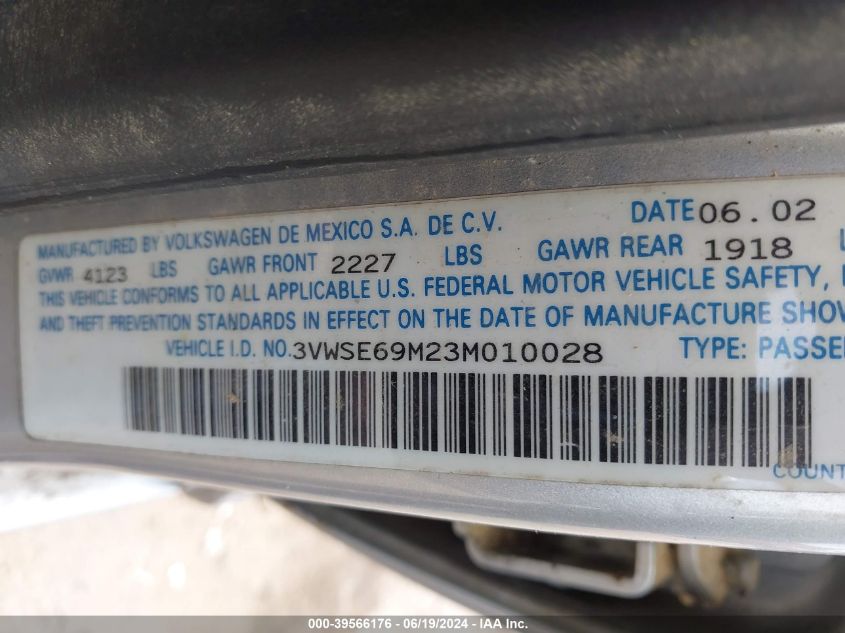 2003 Volkswagen Jetta Gls 1.8T VIN: 3VWSE69M23M010028 Lot: 39566176