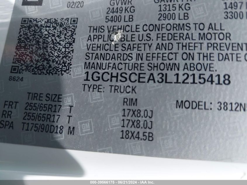 2020 Chevrolet Colorado 2Wd Long Box Lt VIN: 1GCHSCEA3L1215418 Lot: 39566175