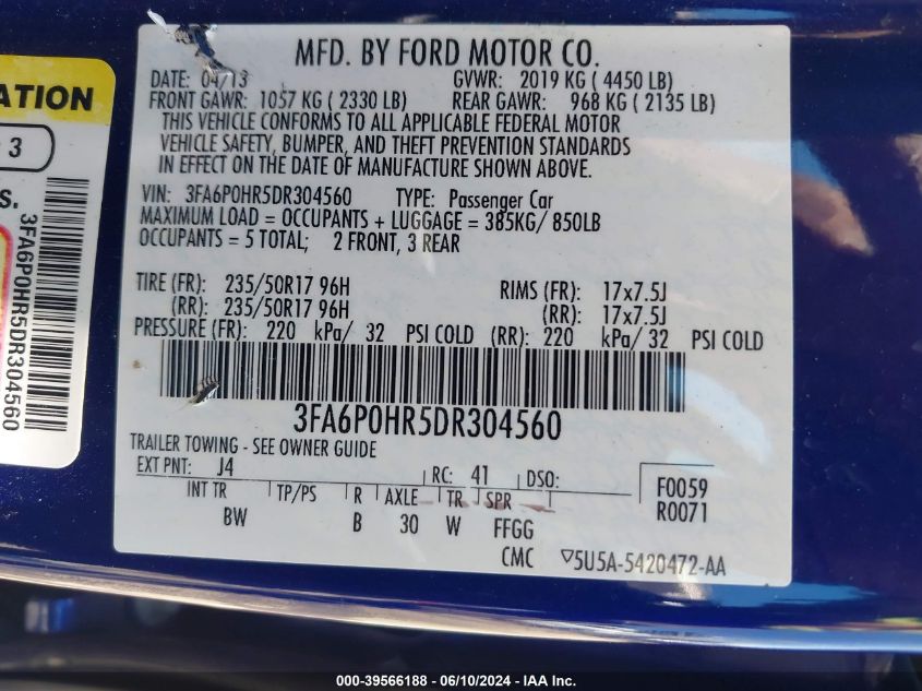 2013 Ford Fusion Se VIN: 3FA6P0HR5DR304560 Lot: 39566188