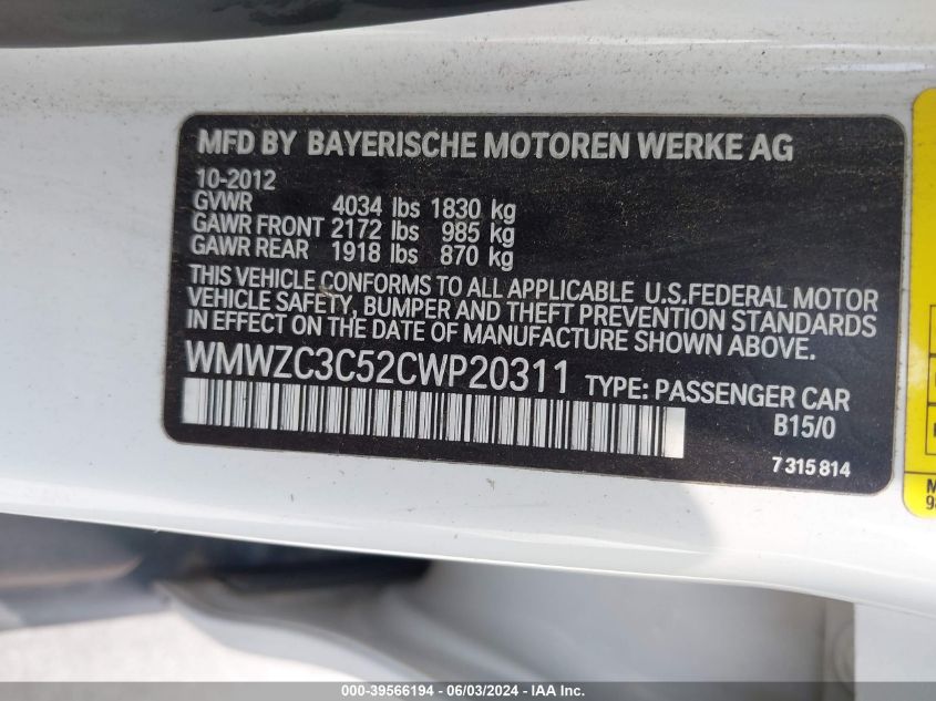 2012 Mini Cooper S Countryman VIN: WMWZC3C52CWP20311 Lot: 39566194