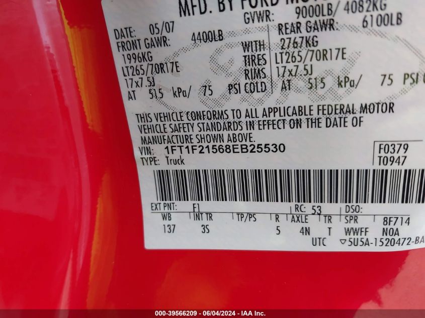 2008 Ford F250 Super Duty VIN: 1FT1F21568EB25530 Lot: 39566209