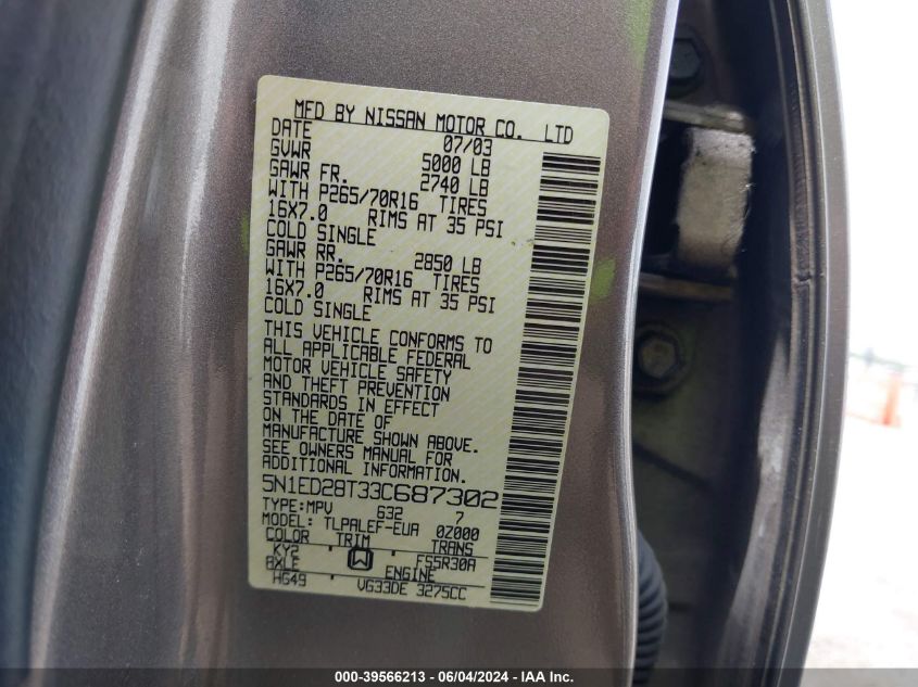 2003 Nissan Xterra Xe VIN: 5N1ED28T33C687302 Lot: 39566213