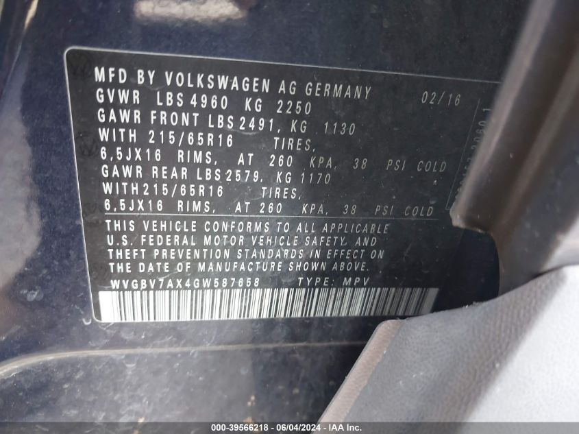 2016 Volkswagen Tiguan R-Line/S/Se/Sel VIN: WVGBV7AX4GW587658 Lot: 39566218