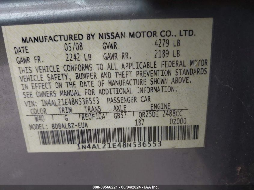 1N4AL21E48N536553 2008 Nissan Altima 2.5 S