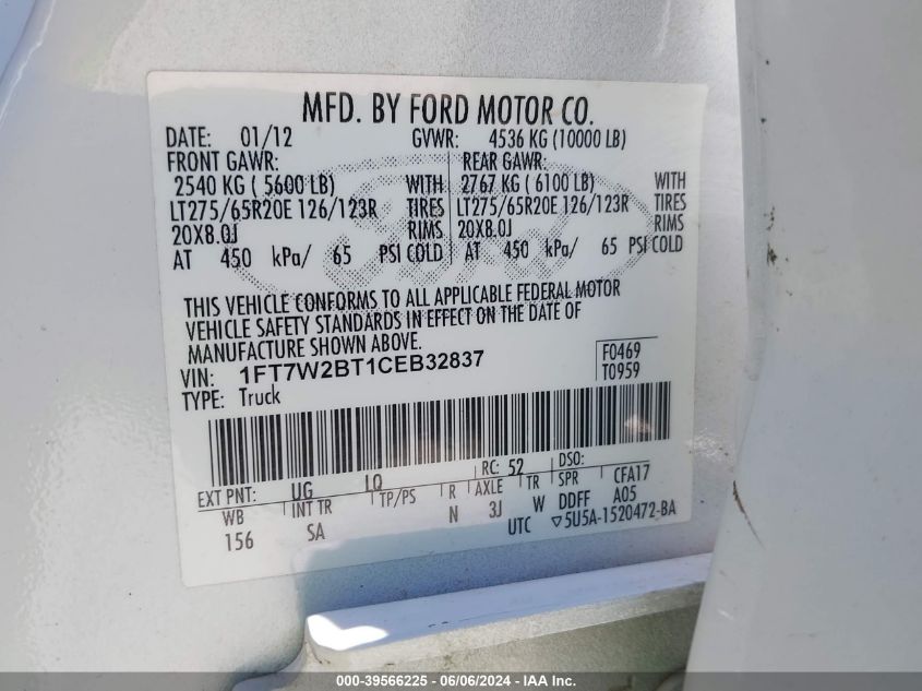 2012 Ford F-250 Lariat VIN: 1FT7W2BT1CEB32837 Lot: 39566225