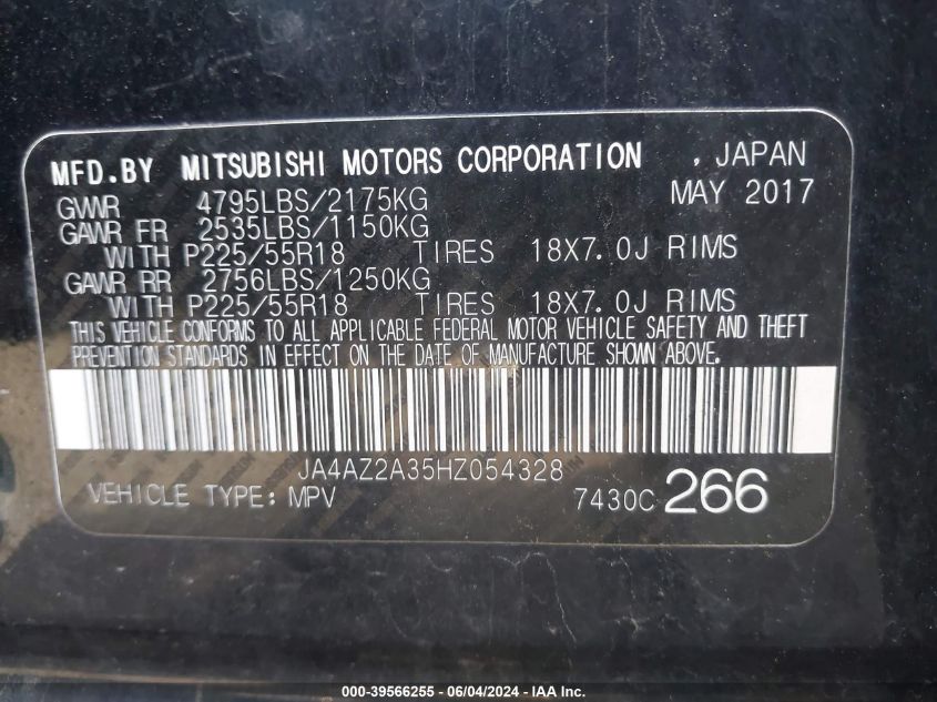 2017 Mitsubishi Outlander Es VIN: JA4AZ2A35HZ054328 Lot: 39566255