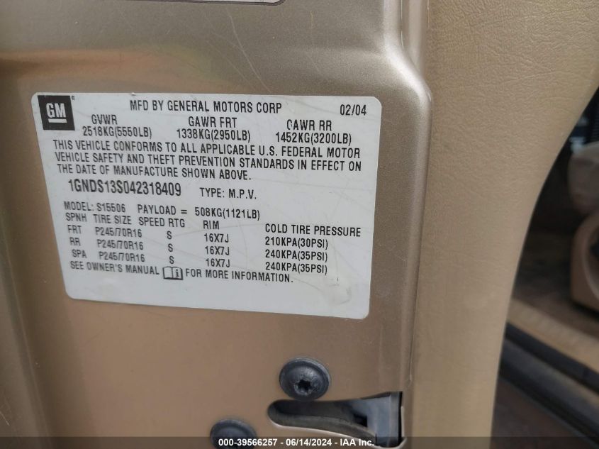 2004 Chevrolet Trailblazer Ls VIN: 1GNDS13S042318409 Lot: 39566257