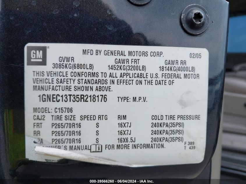 2005 Chevrolet Tahoe Ls VIN: 1GNEC13T35R218176 Lot: 39566260