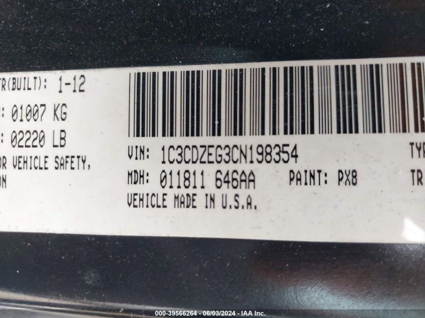 2012 Dodge Avenger Sxt Plus VIN: 1C3CDZEG3CN198354 Lot: 39566264