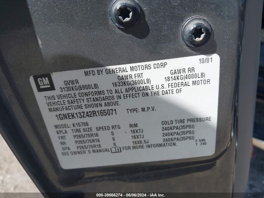 2002 Chevrolet Tahoe Ls VIN: 1GNEK13Z42R165071 Lot: 39566274