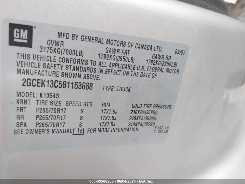 2008 Chevrolet Silverado 1500 Ls VIN: 2GCEK13C581163688 Lot: 39566286