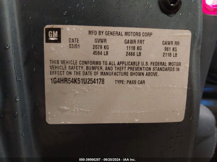 2001 Buick Lesabre Limited VIN: 1G4HR54K51U254178 Lot: 39566287