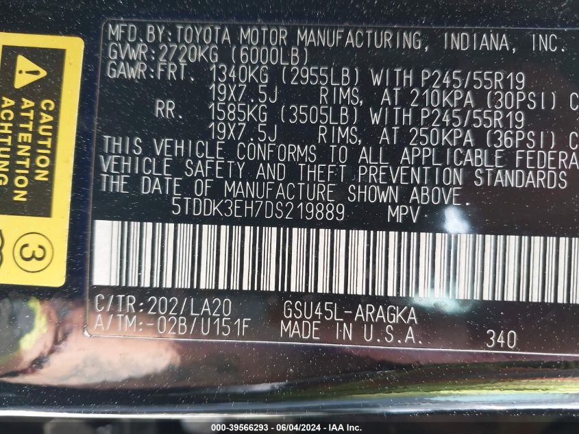 2013 Toyota Highlander Limited V6 VIN: 5TDDK3EH7DS219889 Lot: 39566293