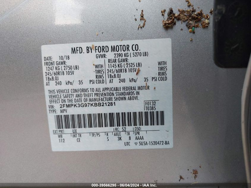 2019 Ford Edge Se VIN: 2FMPK3G97KBB21281 Lot: 39566295