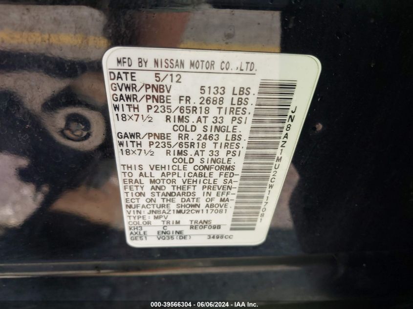 2012 Nissan Murano S VIN: JN8AZ1MU2CW117081 Lot: 39566304