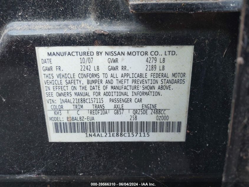 2008 Nissan Altima 2.5 S VIN: 1N4AL21E88C157115 Lot: 39566310