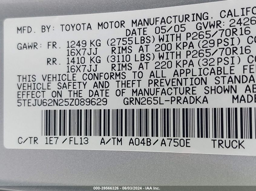 2005 Toyota Tacoma Prerunner V6 VIN: 5TEJU62N25Z089629 Lot: 39566326