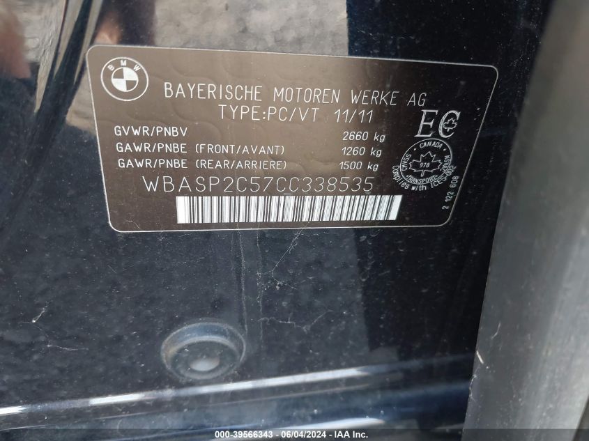 2012 BMW 535I Gran Turismo xDrive VIN: WBASP2C57CC338535 Lot: 39566343