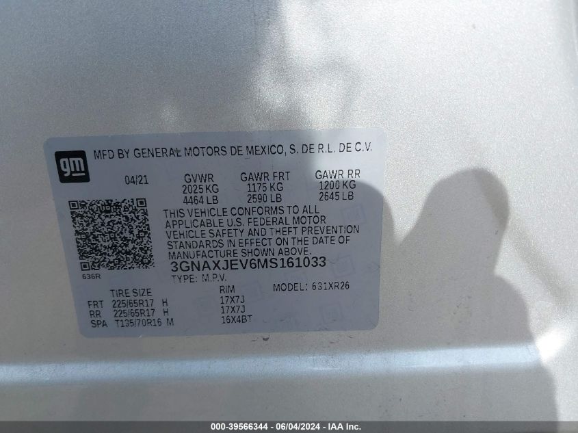 2021 Chevrolet Equinox Fwd 2Fl VIN: 3GNAXJEV6MS161033 Lot: 39566344